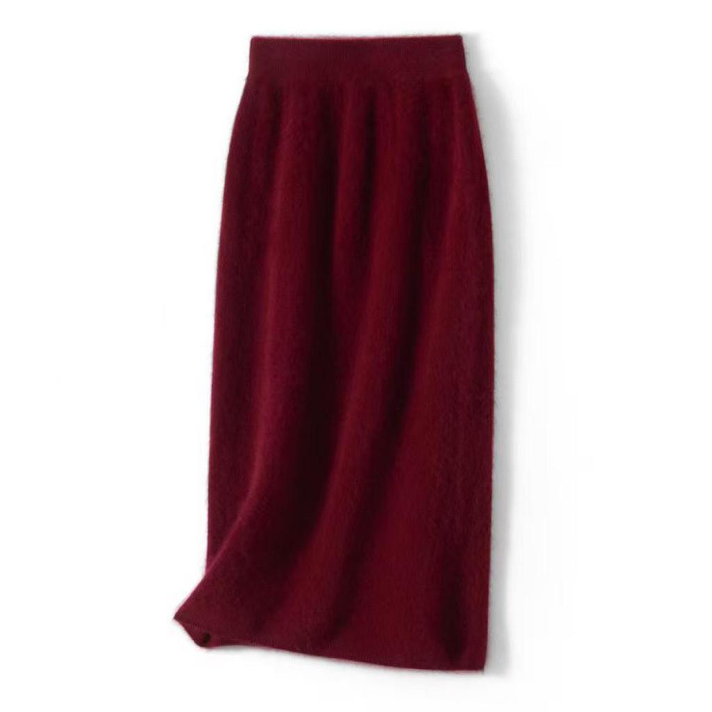 Women's Flocked Cashmere Wool Skirt: Slimming High Waist, Mid-Length, Versatile Knit, Autumn/Winter Fashion, Hip-Hugging Design.