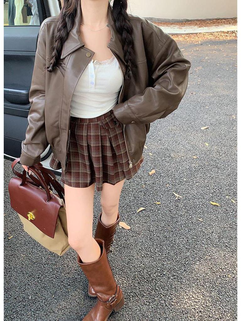 Women's High-End Retro PU Leather Coffee Jacket - Slimming, Windproof, Long Sleeve, Motorcycle Style.