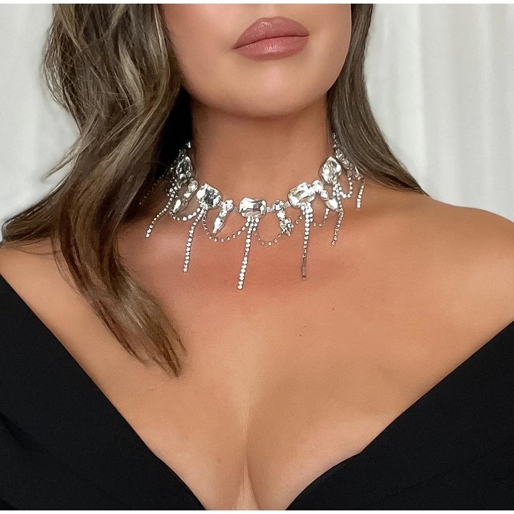 European And American Jewelry, Niche Design Sense Light Luxury Full Diamond Collar, Sweet And Cool Fringed Rhinestone Necklace Collarbone Chain