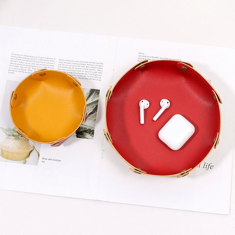 1PC Foldable Round PU Leather Tray Desktop Organizer for Jewelry Cosmetics Keys Multi-purpose Storage Box for Home Office