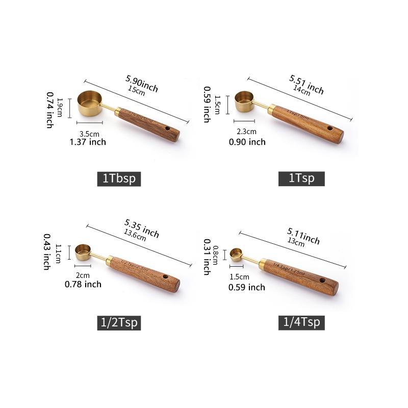 

4PCS/8PCS Wooden Handle Measuring Cups And Measuring Spoons Stainless Steel Golden Measure Spoon And Measure Cup Set