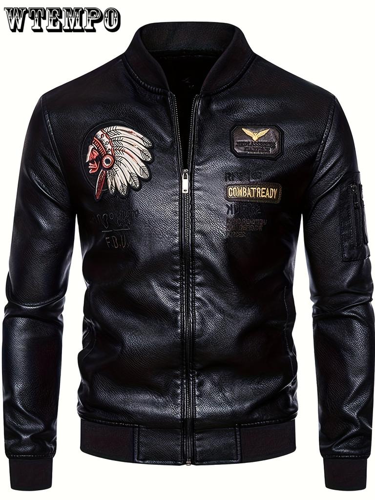 Men's Tribal Portrait Embroidery Stylish PU Leather Jacket - Multi-pocket Street Style Retro Classic Bomber Jacket - For Men -  Made of PU Leather