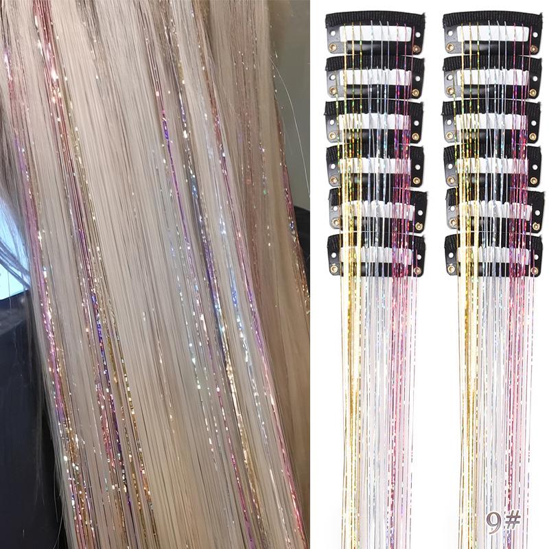 Box Set of 12 Pieces of Wigs with Laser Gold Wire Extensions for Women's Shiny Colored Silk Wigs