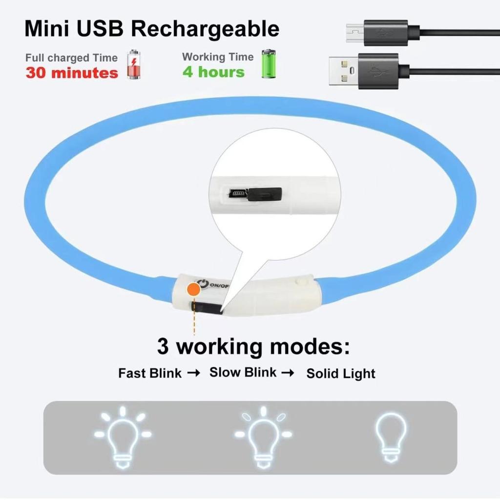 Collare LED in Silicone per Cani Ricaricabile 3 Modalità di Lavoro Più Leggero Più Morbido Max 70 cm Sicurezza Notturna Lampeggiante Collare Luminoso Anti Smarrimento