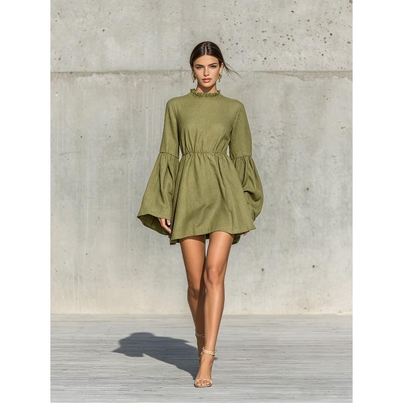 IHUASU Fashion Summer Spring Solid Color Print Long Sleeve  O-Neck Casual Dresses