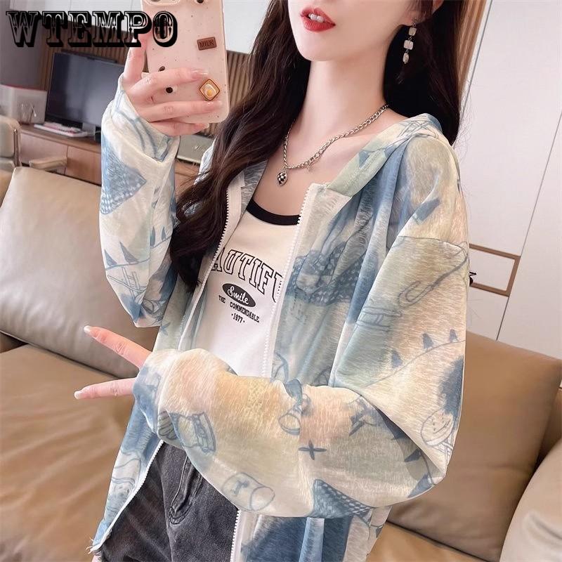 Women's Summer Ice Silk Sun Protection Jacket Thin Breathable Hooded UV Protection Coat Casual Air Conditioner Cardigan Outerwear