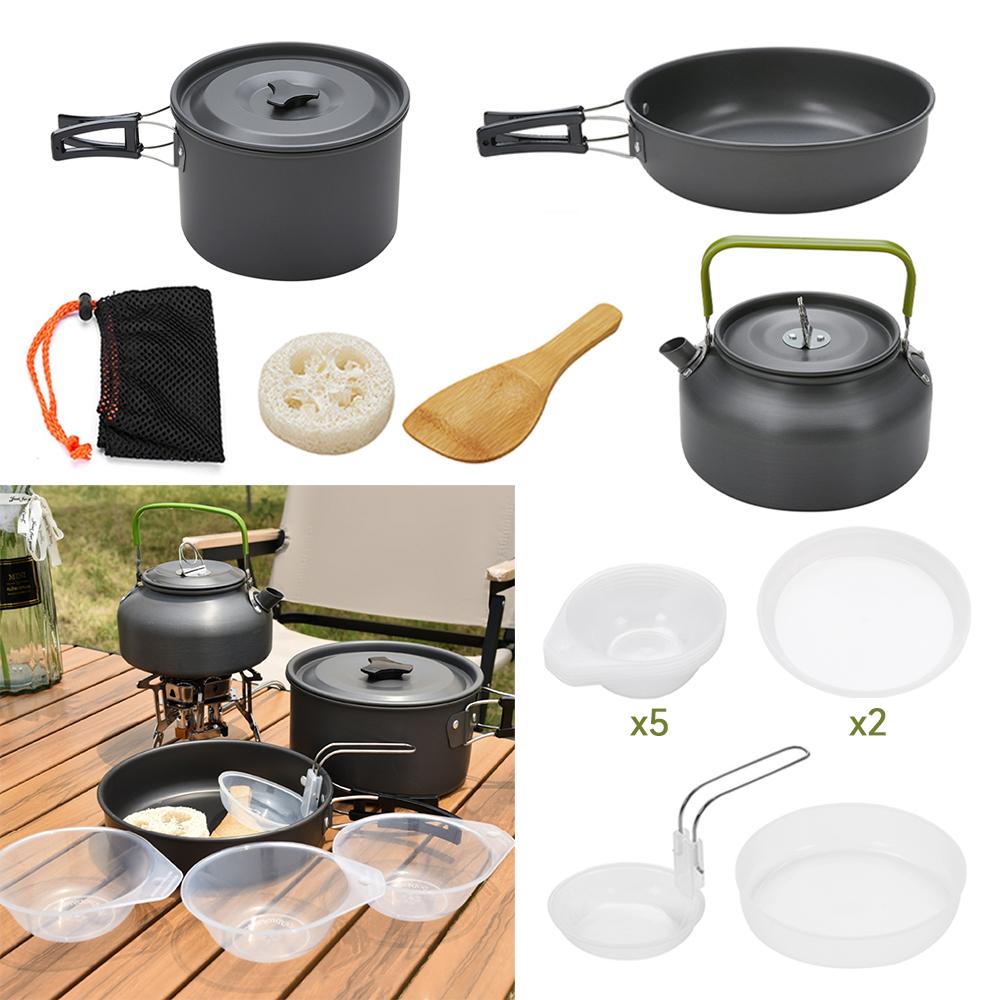 15Pcs Hard Anodized Camping Cookware Set for 4-5 People, Portable Outdoor Combo Kit with Pot, Frying Pan, 1.2L Kettle & Tableware, Black Handles