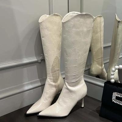 Eilyken Autumn Winter Woman Knee-High Boots Sexy Zipper Long Thin High Heels Pointed Toe Fretwork Shoes