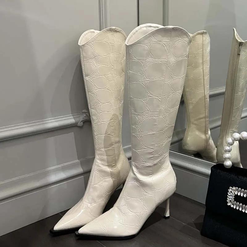 

Eilyken Autumn Winter Woman Knee-High Boots Sexy Zipper Long Thin High Heels Pointed Toe Fretwork Shoes 35