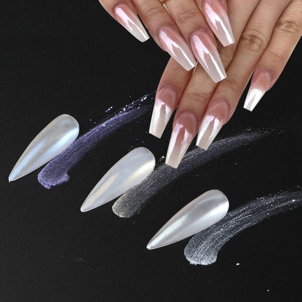 Pearl White Rubbing on Nail Art Glitter Dust Chrome Aurora Yellow Purple Manicure Decorations Mirror Mermaid Nail Powder Pigment