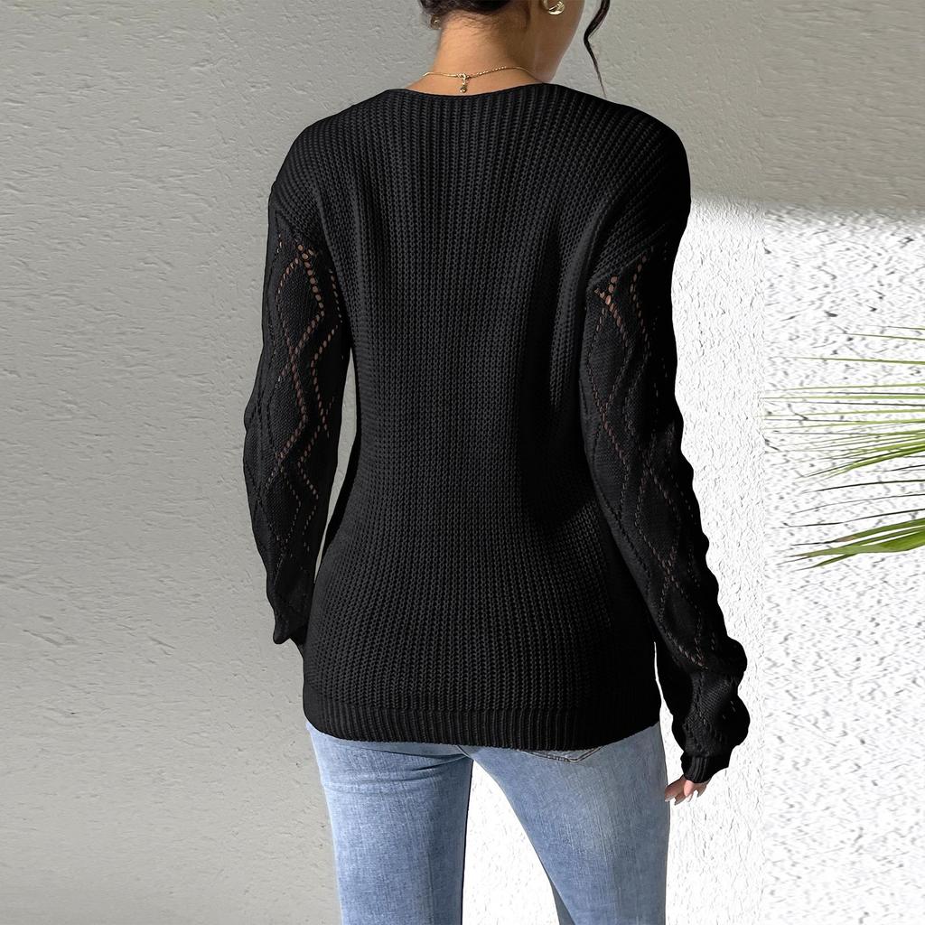 Modă Femei Casual Culoare Solidă Dantelă Decolteu în V Patchwork Mânecă Lungă Pulover Casual Fund Pulover Top