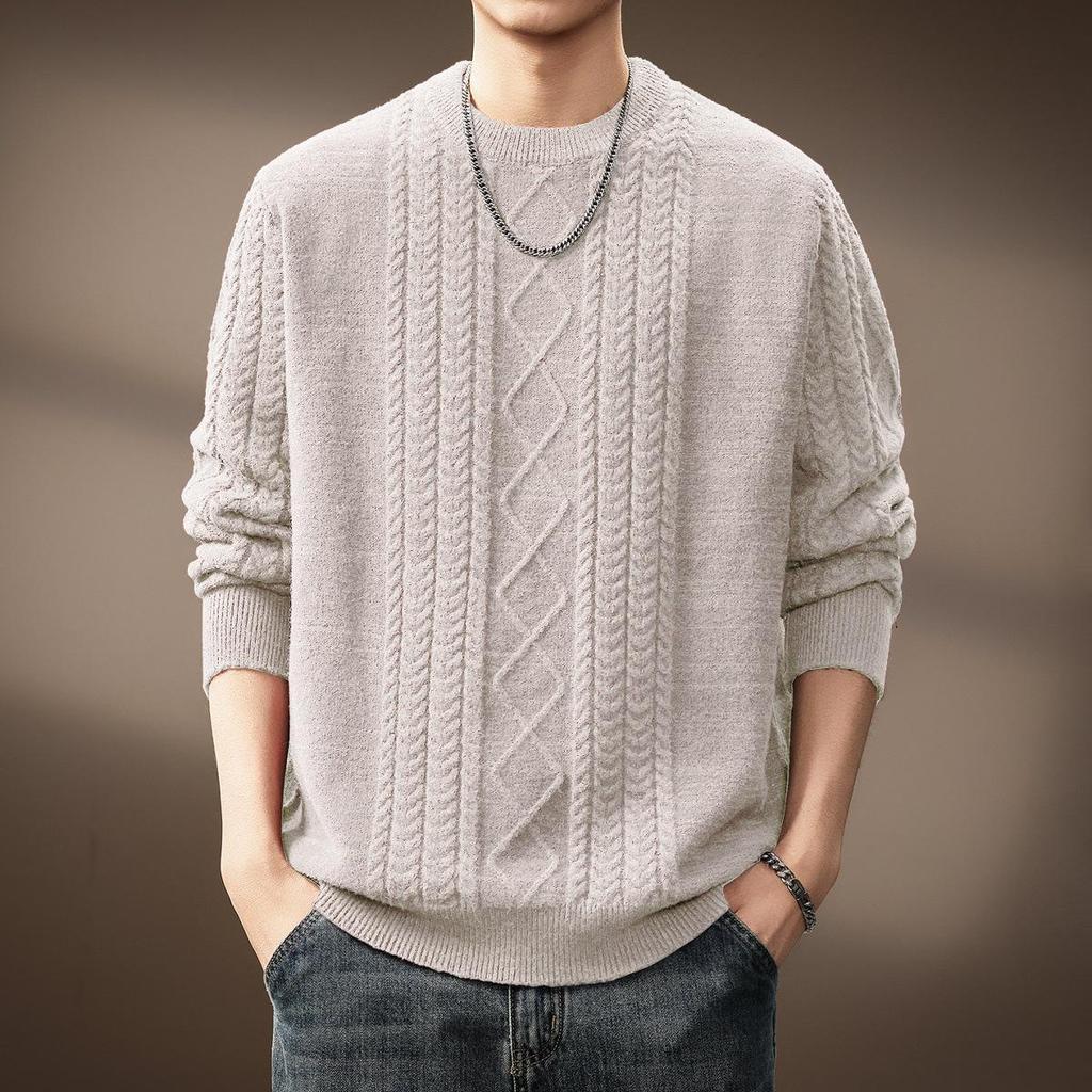 Luxury Cable Knit Round Neck Pullover for Men - Trendy Autumn/Winter Loose Fit Sweater