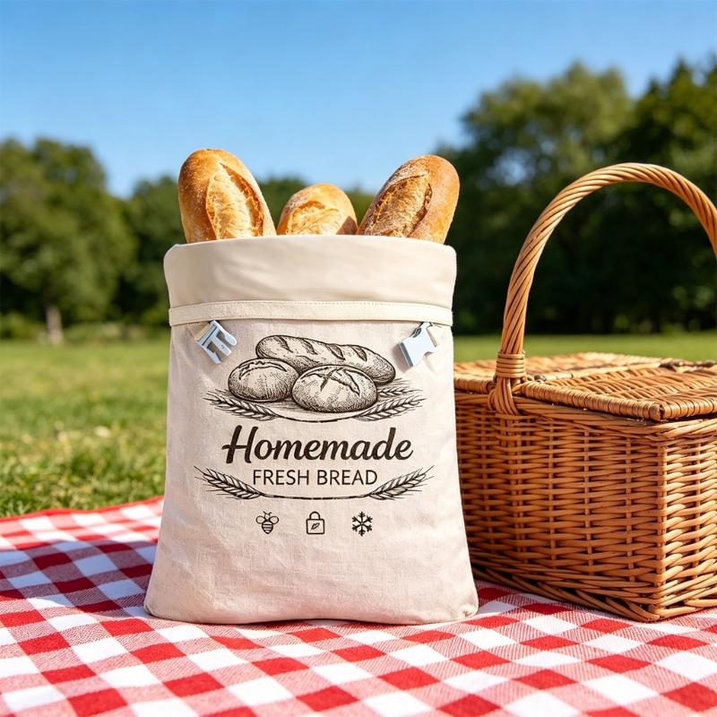 Washable Bread Storage Bag Cotton Outer Bag with Side Clip Closure for Countertop and Freezer Family Loaf Storage