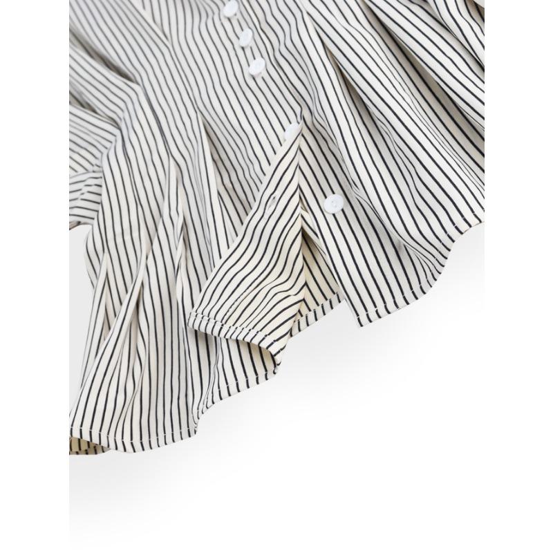 Summer New Women's Design Waist Shirt Casual Versatile Striped Pleated Slim Top