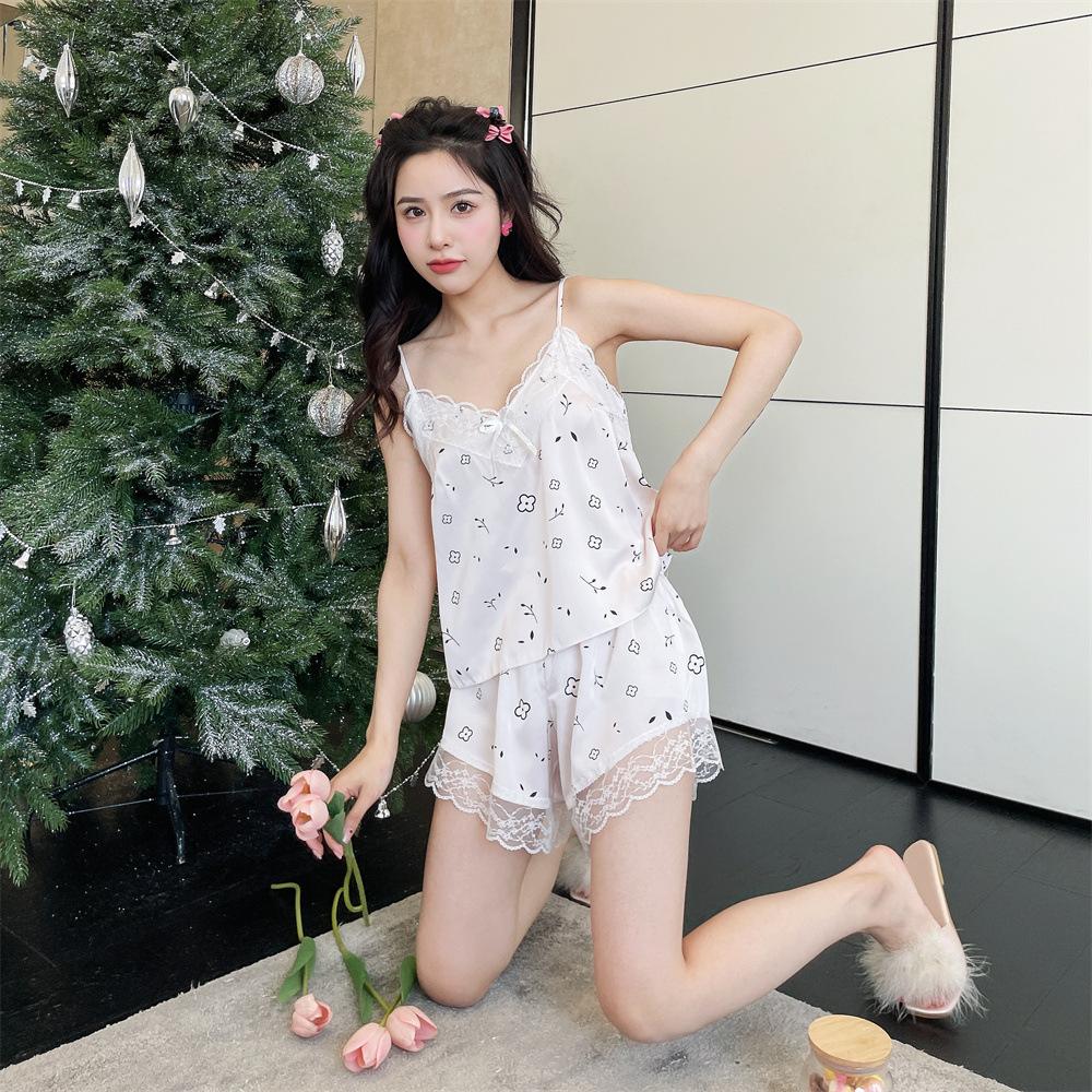 Pajamas Women's Spring and Summer New Ice and Snow Silk Thin Sweet and Cute Short Hanging Shorts Two-piece Set Lace Printing Set