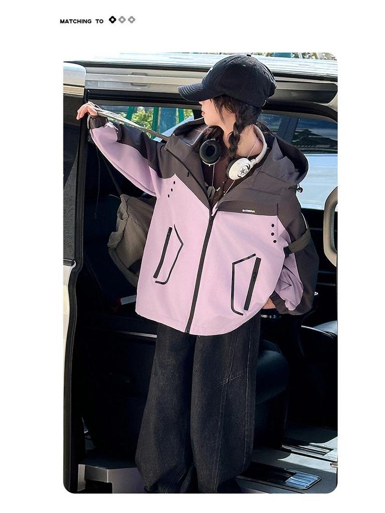 Girls' Color Block Hooded Windbreaker - Casual Spring/Autumn Jacket for Big Kids