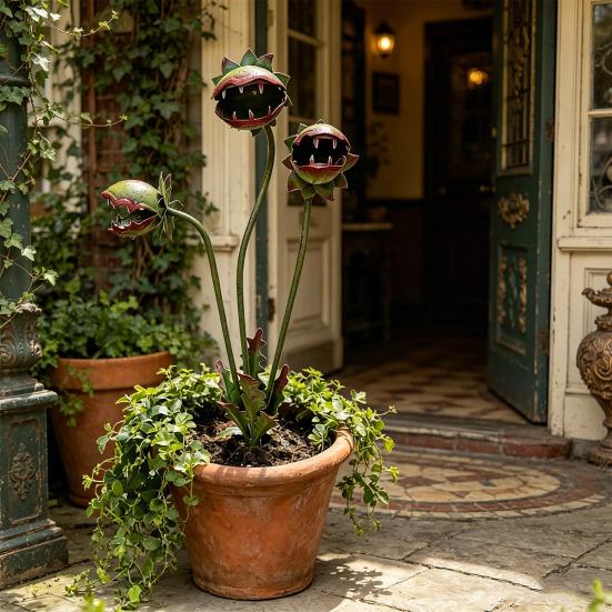 Metal Carnivorous Plant Garden Stake 25-Inch Large Venus Flytrap Flower Sculpture for Outdoor Garden Patio Lawn Yard Decor