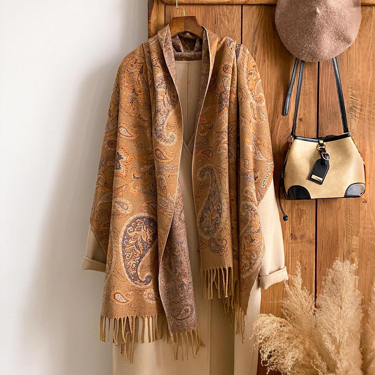 Mode Winter Warm Kasjmier Sjaal - Dames Met Kwastjes Vintage Bloemen Olieverf Afdruk Pashmina Dikke Sjaal & Poncho brown