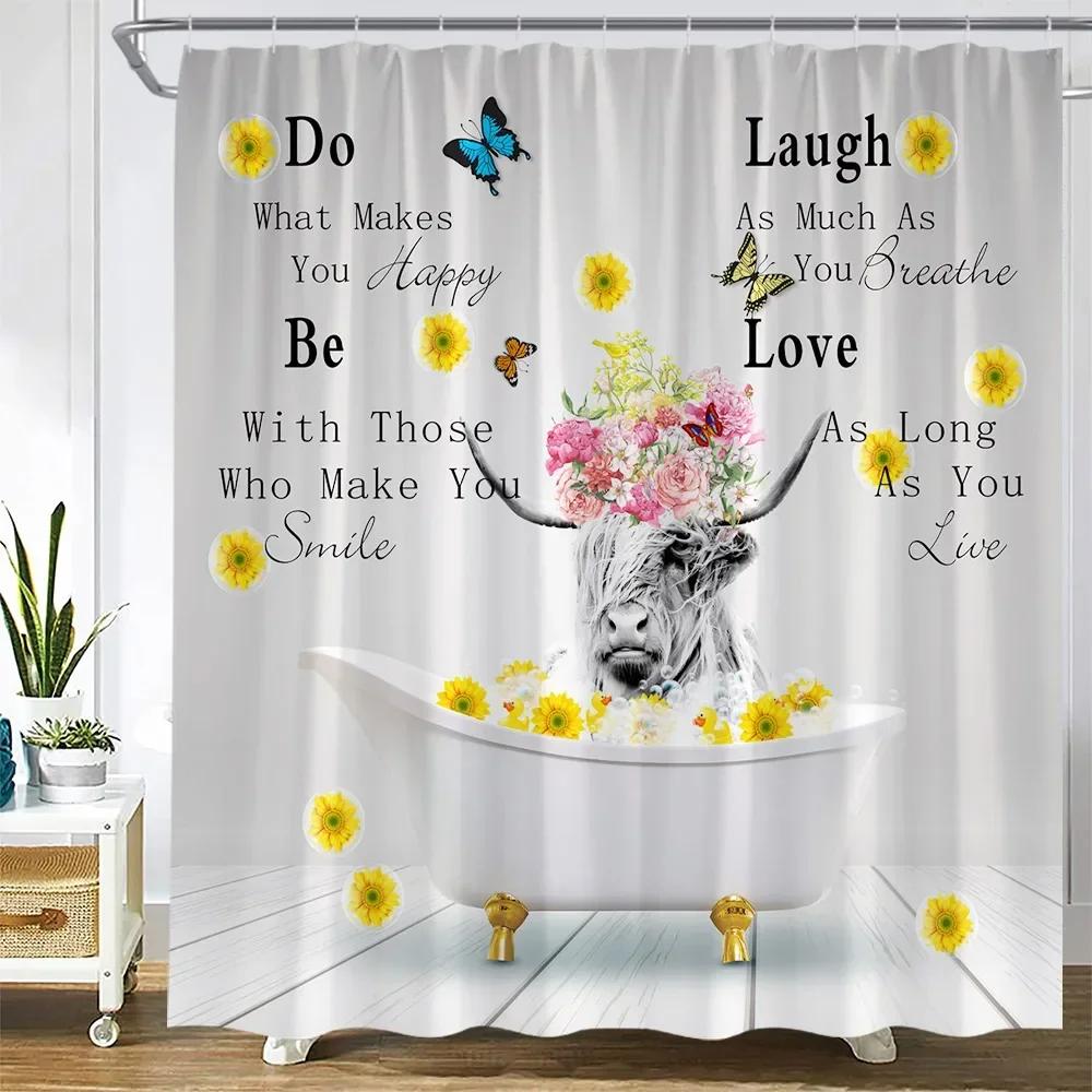 Bathroom Rules Animal Shower Curtains Sea Turtle Octopus Farm Cow Highland Cattle Sunflower Creative Bath Curtain Home Decor Set