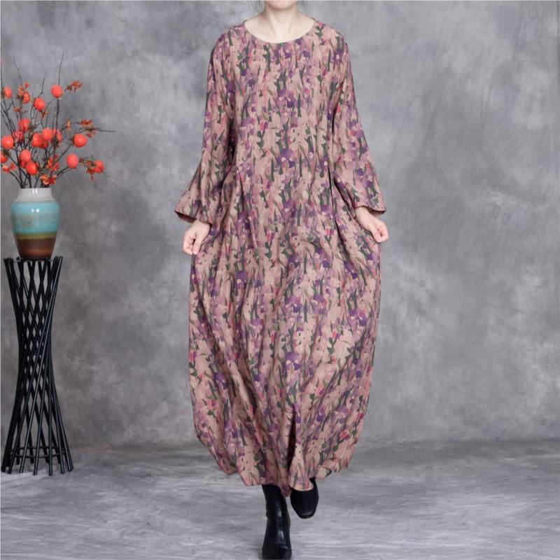 Johnature High Quality Vintage Dress For Women O-Neck Long Sleeve Print Floral Spring Loose Casual Dresses