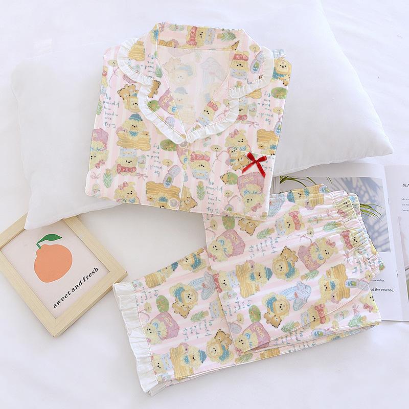 Cute girly pajamas imitation cotton cartoon sweet lace long sleeve comfortable loungewear suit