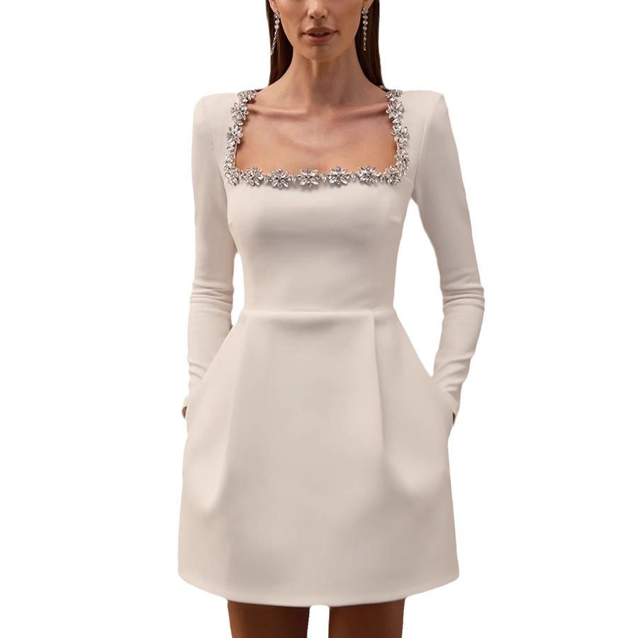 Spring Women's Elegant Velvet Dress with Diamond-Studded Square Neck