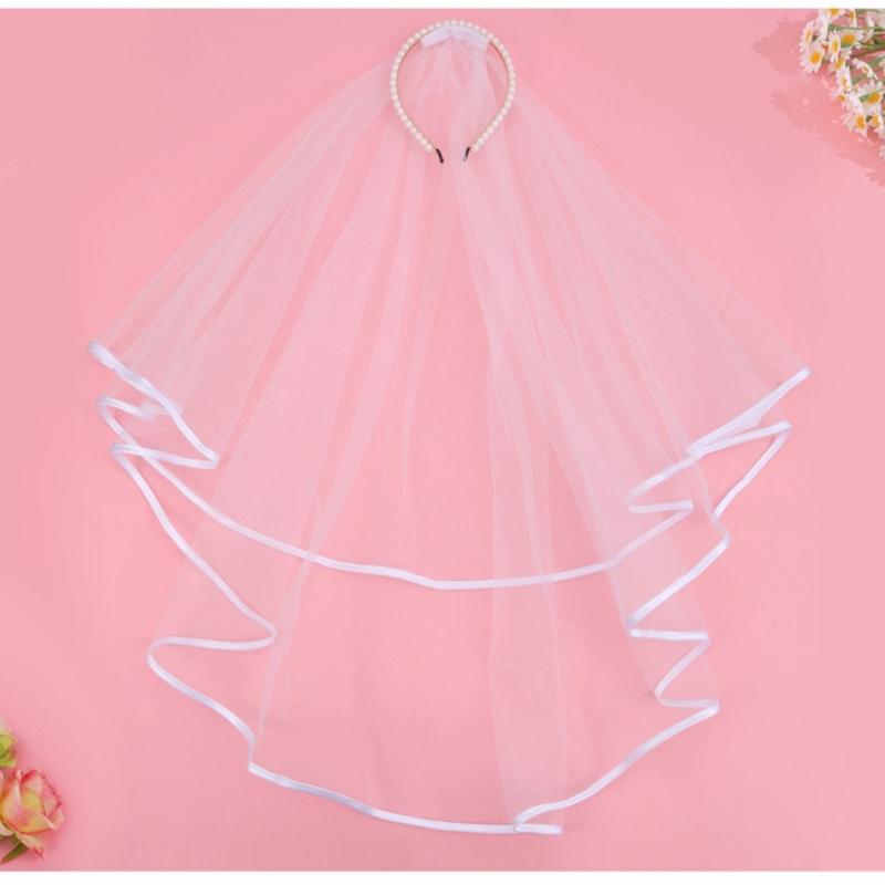 Delicate White Pearls Embellished Hairband Headdress Combined Veil For Bride Formal Event And Everyday Wear