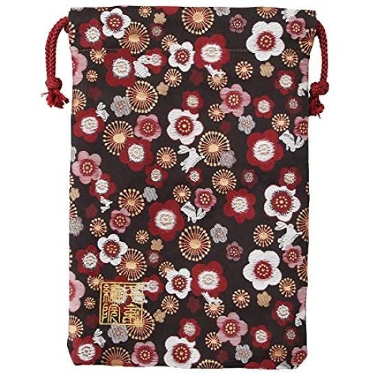 Senshishuin Nishijin Brocade Drawstring Bag Black Plum and Small Rabbit Medium Size (Lined) - Design,