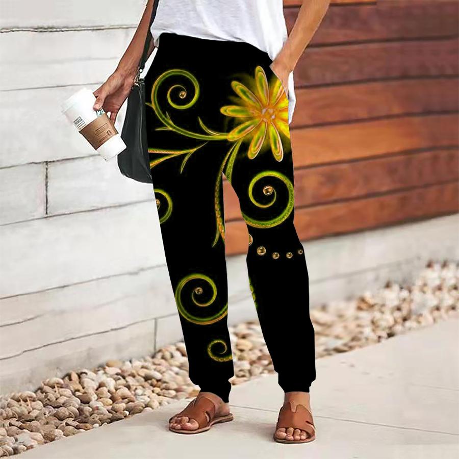 Women Retro Printing Pants Lace Up Elastic Waist Loose  Trousers Casual Long Pants Trousers with Pockets