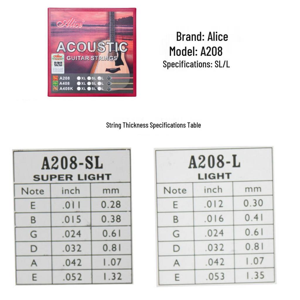 Alice A208SL/L Folk Guitar String Set, .011/.012 Steel Strings for Wooden Guitars