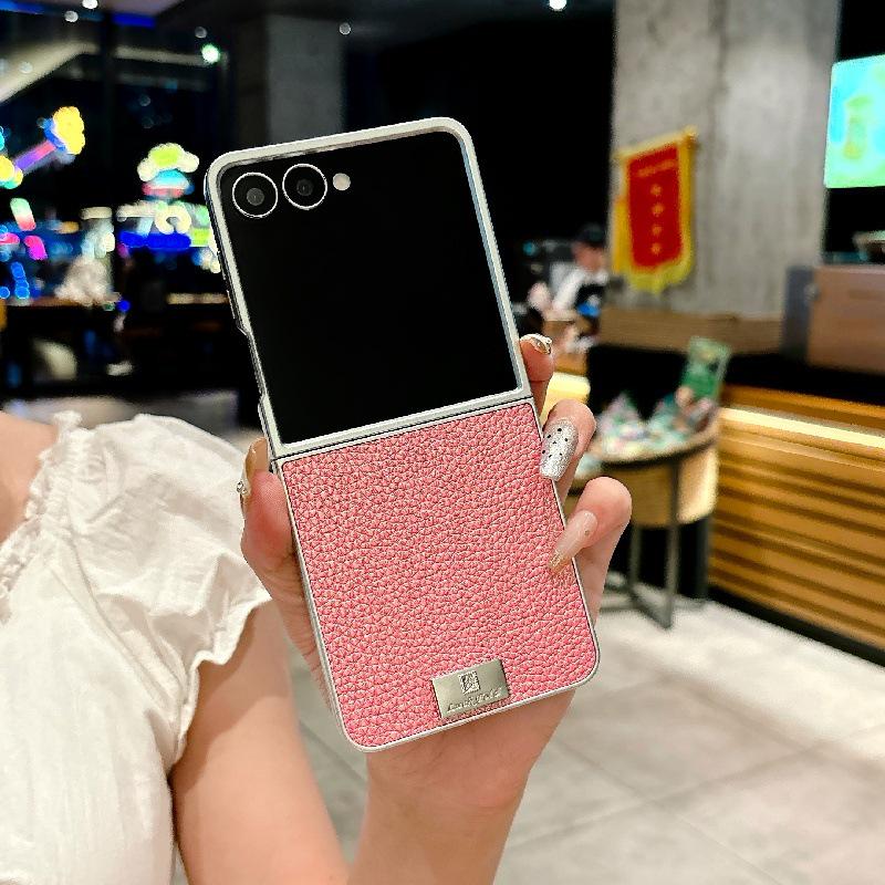 Silver Edge Lychee Pattern Samsung Z Flip7 Case, Drop-Proof, Anti-Scratch, Compatible with 5th/6th Gen