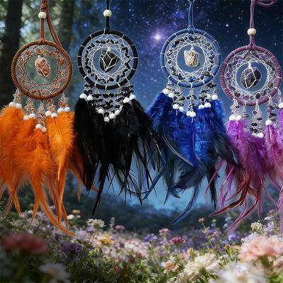 Atrapasol de Cristal Natural Atrapasueños de Plumas Carrillón de Viento para Adorno Elegante Colgante de Coche