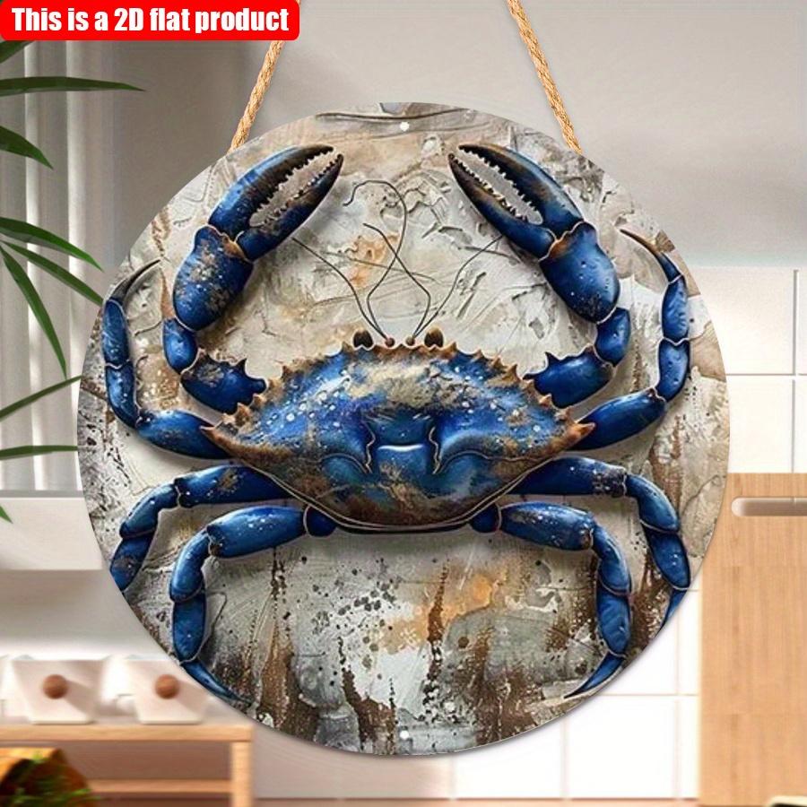 2D Flach 20*20cm1Stk Muster Blaue Krabbe hohe Qualität Runder Anhänger, Meeresleben Holzkunst Dekorative Platte, Restaurant&Badezimmer&Bauernhaus Wandplakette
