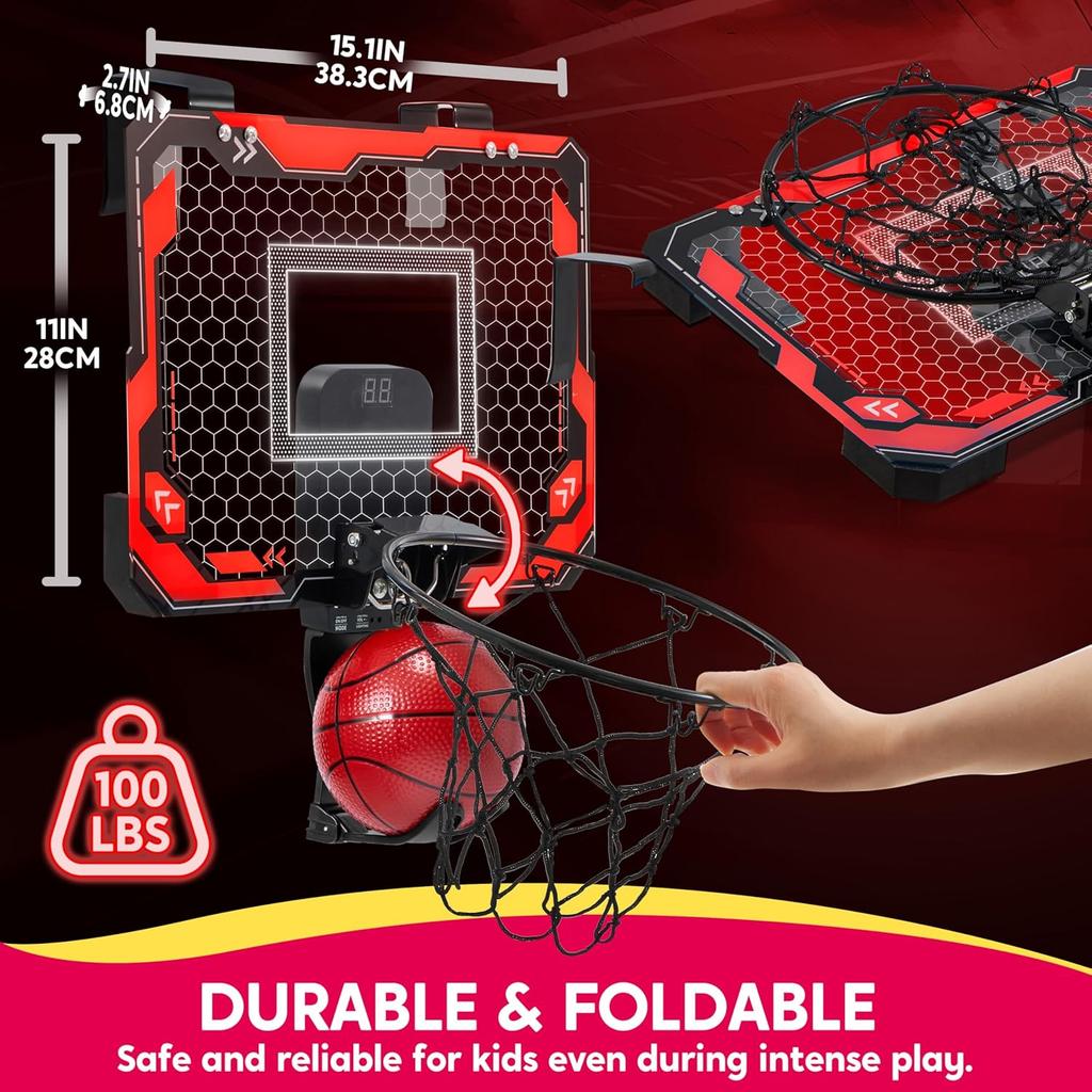 Inel Mini de Baschet de Interior JOYFY cu Lumini, Peste Ușă, Inel de Baschet pentru Copii, Jucării, Cadouri de Ziua de Naștere, cu Tablă de Marcaj și 4 Mingi