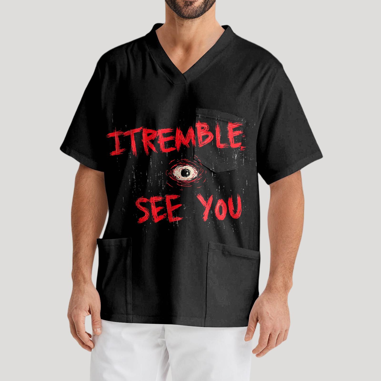 

Мужская рабочая блузка с короткими рукавами и v-образным вырезом с принтом, топ с нагрудным карманом XXXL