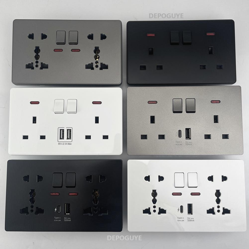 18W Type-C Plug Quick Charging Universal 5-pin Dual Power Socket,UK Standard 13A Wall Socket with DC 5V 3.1A Type-c USB Charger