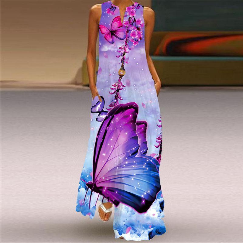 Butterfly Pattern 3D Printed V-neck Sleeveless Dress Stage Show Women's Clothing Travel Photo Vacation Style Beach Dress