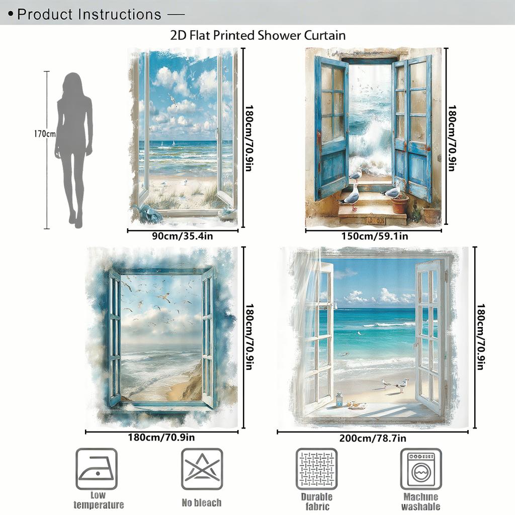 Scenic Ocean View Window Design Polyester Shower Curtain - Nautical Style Bathroom Decor, Stylish Bathtub Partition Curtain