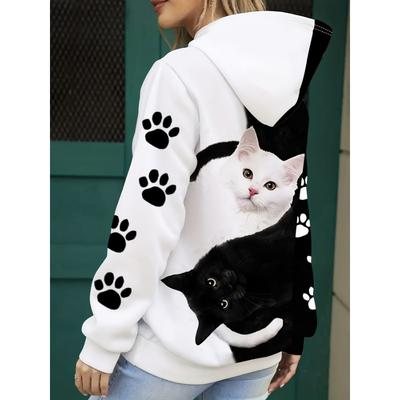 Women's Comfortable Cat Print Hoodie - Casual Long Sleeve Pullover with Kangaroo Pocket, Machine Washable, Polyester Blend