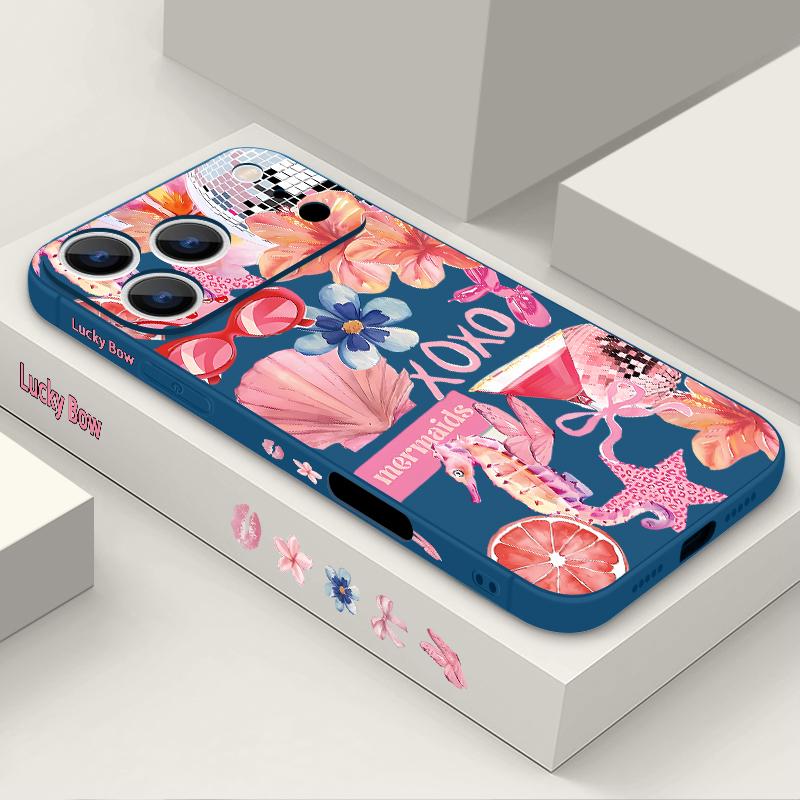 For iPhone 17 Pro Max Case Pink Cartoon Floral Pattern Soft Silicone Lanyard Cover For iPhone 16 Pro Max Cover iPhone 15 14 13 12 11 16E Air