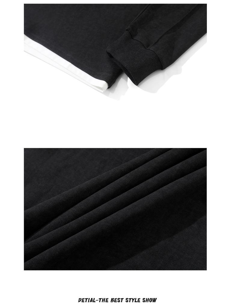 Men's Black Gray Hoodie - Trendy Washed Fabric, Fake Two-Piece Design, 260g