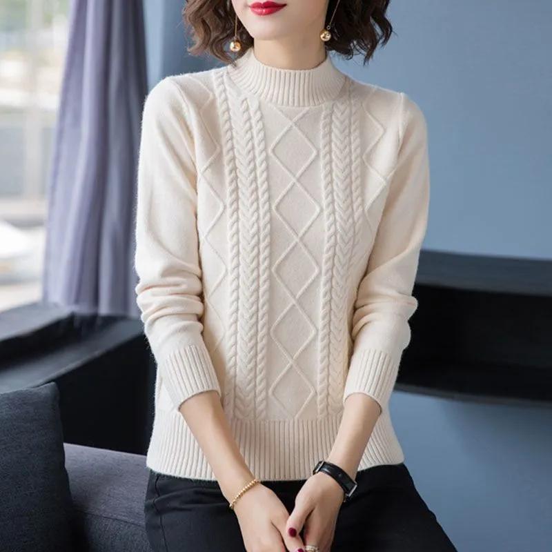 Autumn Winter Women's Loose Fit Cable Knit Half Turtleneck Sweater Thick Solid Color Knitted Base Shirt