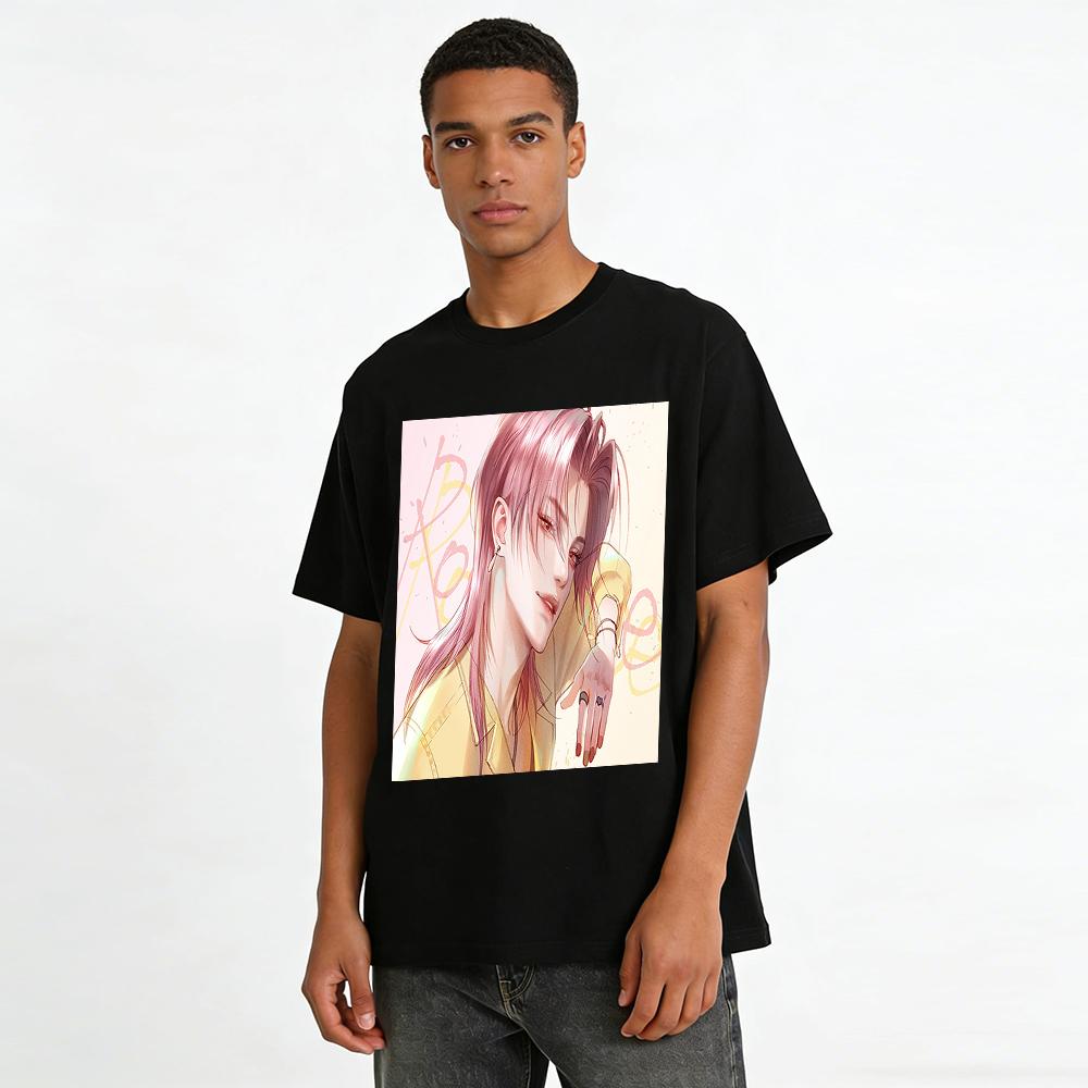 Cool Pink-haired Handsome Guy Print Loose Long-sleeve T-shirt Unisex Casual Anime Style Top Pure Cotton T-shirt