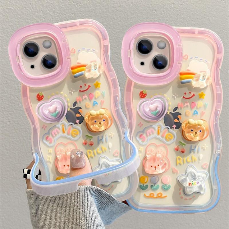 Cartoon 3D Bracket Phone Holder Case For IPhone 16 15 14 13 12 11 Pro Max Plus X XS XR Rainbow Love Heart Holder Stand Cover