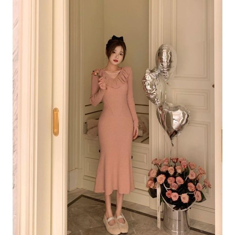 Temperament gentle age-reducing lotus leaf collar slim-fitting fishtail dress new high-end retro knitted dress women