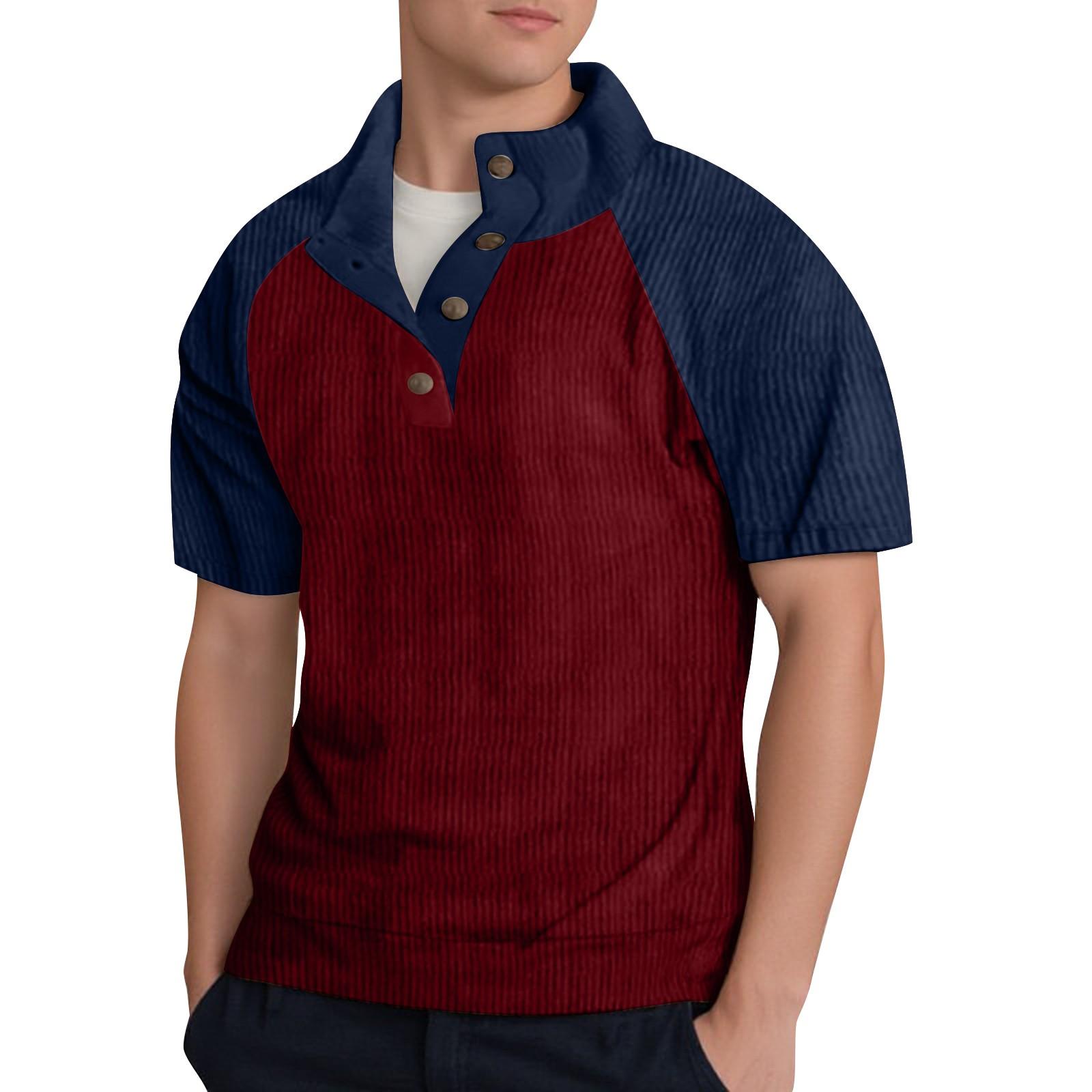 

Мужской повседневный топ с короткими рукавами и воротником-стойкой в полоску из тонкого вельвета XL винный