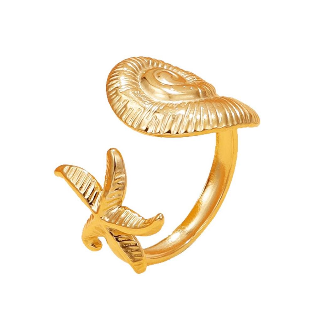 Stylish Ocean Animal Ring: Starfish & Seashell Design, Stainless Steel, Adjustable Open Band