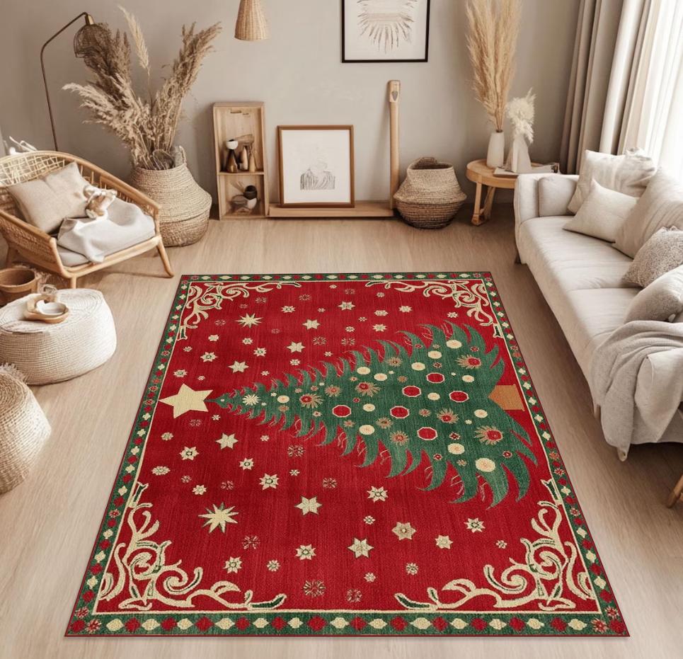Christmas Decoration Carpet Christmas Tree Print Winter Warmth Rug Living Room Bedroom Non Slip Mat Christmas Decoration Gift