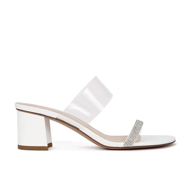 

Sheepskin version~ Rhinestone transparent nude word with thick heel slippers, wearing women s high heel sandals summer 40 белый