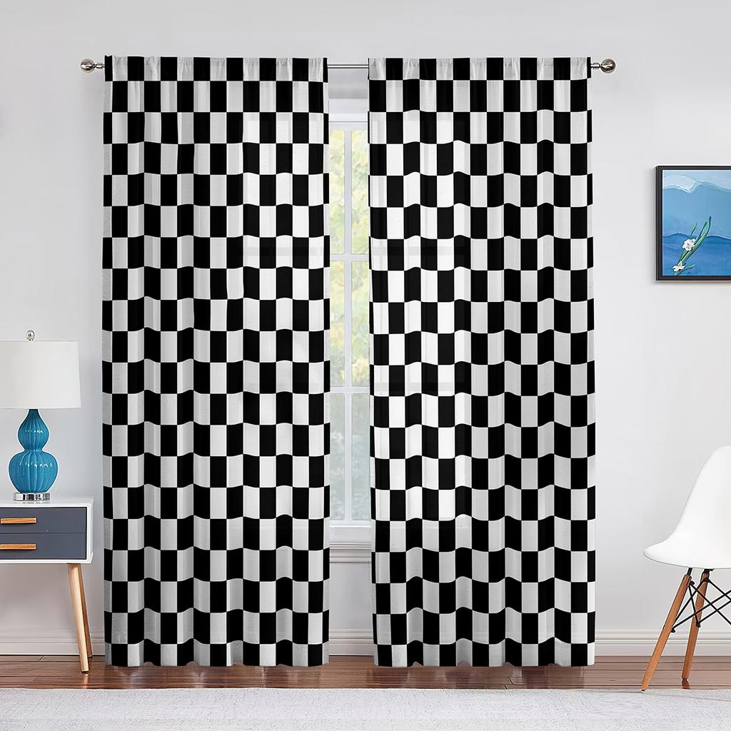 Black and White Groovy Checkerboard Sheer Voile Curtain Abstract Psychedelic Window Tulle Curtains for Living Room Bedroom Decor